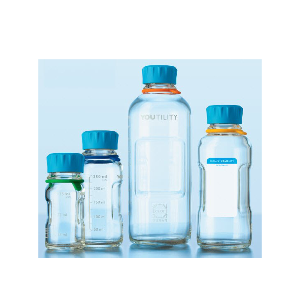 125 ml YOUTILITY瓶，透明，刻度，GL 45，青色螺旋盖，浇注环(PP)， Duran